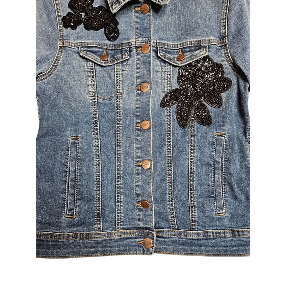 Nanette Lepore Womens XS Denim Button Jacket Black Sequin Floral Streetwear - Picture 9 of 11
